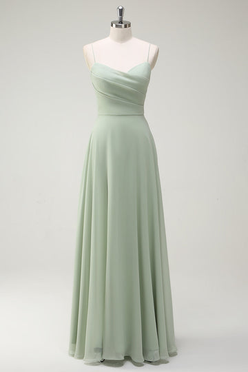 Dusty Sage A Line Chiffon Spaghetti Stropper Lang Brudepike Kjole